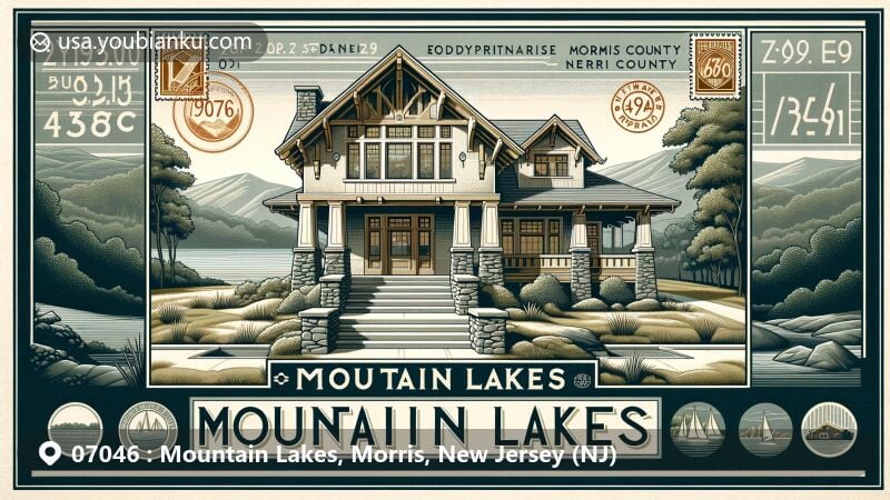 Artistic illustration of Mountain Lakes, Morris County, New Jersey, showcasing Hapgood architectural style and natural beauty, with postal elements and ZIP code 07046.