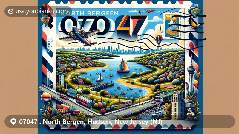 Modern illustration of North Bergen, Hudson County, New Jersey, showcasing postal theme with ZIP code 07047, featuring James J. Braddock Park, Hudson River, New York City skyline, and Bergenline Avenue with vibrant Hispanic culture.