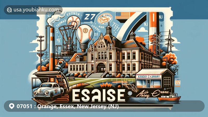 Modern illustration of Orange, Essex, New Jersey (NJ), featuring Thomas Edison National Historical Park, Monte Irvin Orange Park, and Orange Public Library, along with New Jersey state flag and Essex County outline. Postal theme includes stamp, postmark, and '07051' ZIP code.