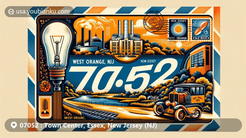 Modern illustration of West Orange, Essex County, New Jersey, featuring ZIP code 07052, showcasing Eagle Rock Reservation and Thomas Edison Laboratory.