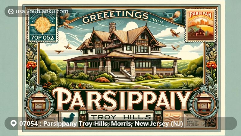 Modern illustration of Craftsman Farms in Parsippany-Troy Hills, 07054, Morris County, New Jersey, showcasing historic architecture and lush greenery, symbolizing the township's rich history and natural beauty.