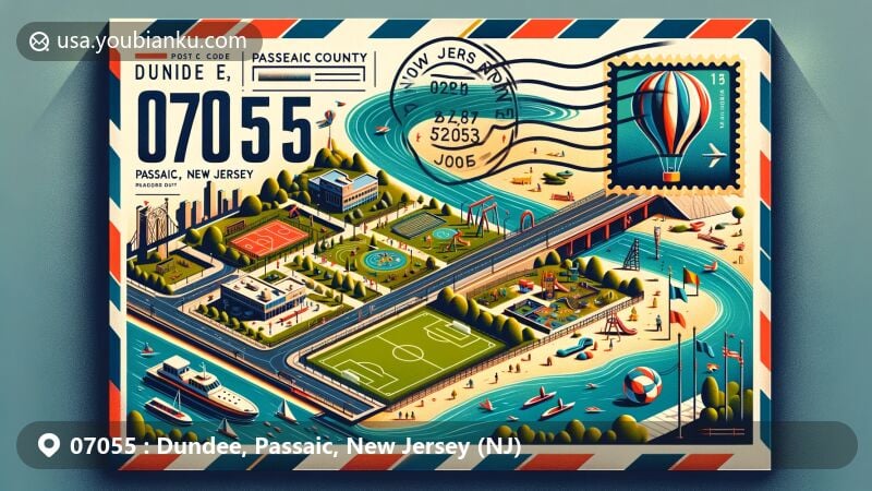 Modern illustration of Dundee Island Park and Dundee Canal Industrial Historic District in ZIP code 07055, Passaic, New Jersey, featuring vibrant depiction of park amenities, local sculpture, and industrial heritage.