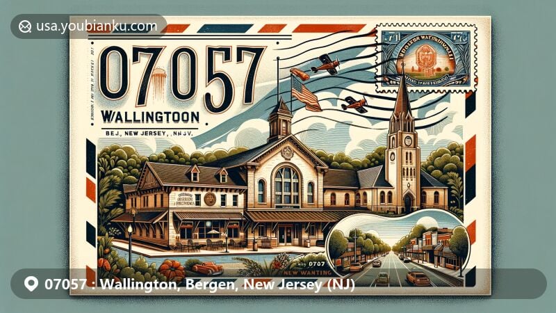 Modern illustration of Wallington, Bergen, New Jersey, showcasing postal theme with ZIP code 07057, featuring Wallington Train Station, New Jersey state flag, and Wallington Presbyterian Church.