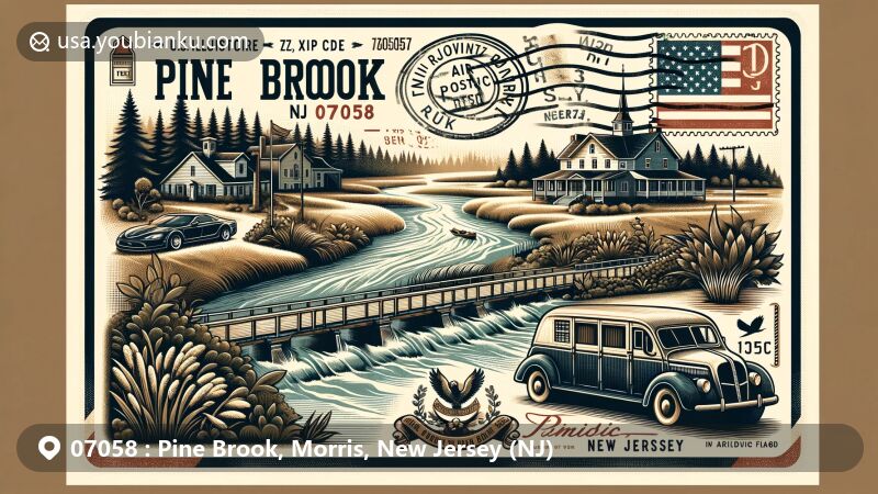 Modern illustration of Pine Brook, Morris County, New Jersey, featuring vintage postcard theme with historical Simon Van Duyne House, fertile flood plains, and New Jersey state flag.