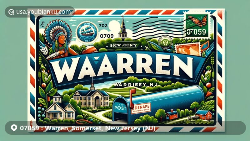 Modern illustration of Warren, Somerset County, New Jersey, showcasing vintage airmail envelope with local landmarks, green landscapes, and postal elements including '07059' ZIP code.
