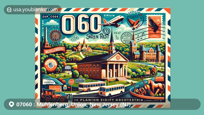 Modern illustration of Muhlenberg, Union, New Jersey, showcasing postal theme with ZIP code 07060, featuring key landmarks like Frazee House, Shady Rest Country Club, and Cannon Ball House, along with cultural elements such as Plainfield Symphony Orchestra.