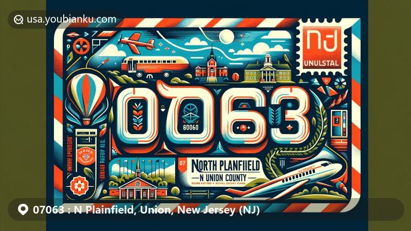 Modern illustration of North Plainfield, Union County, New Jersey, featuring postal theme with ZIP code 07063, highlighting Washington Park Historic District, Green Brook Park, New Jersey state flag, and Union County map.