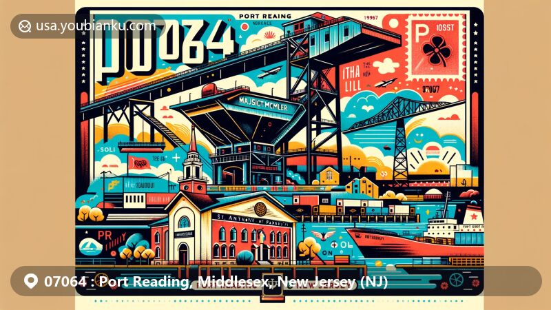 Modern illustration of Port Reading, Middlesex County, New Jersey, showcasing McMyler Coal Dumper, St. Anthony of Padua Parish, and Arthur Kill waterway, with postal theme featuring ZIP code 07064.
