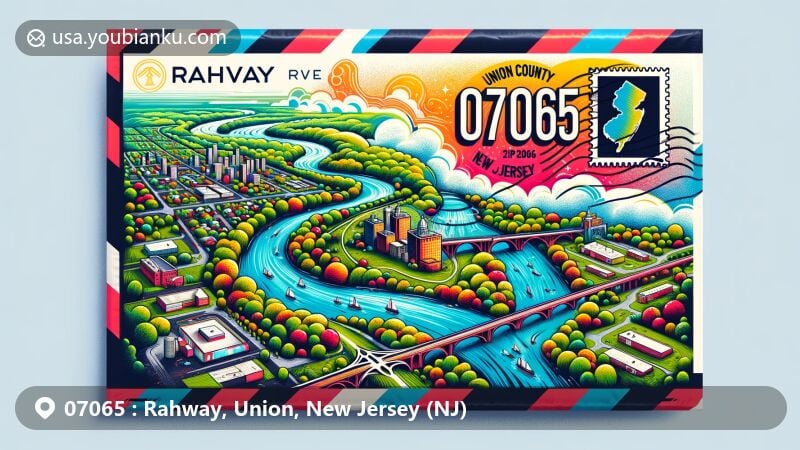 Modern illustration of Rahway, Union, New Jersey, showcasing Rahway River Parkway with meandering river and picturesque bridges, featuring Union County map silhouette and New Jersey state flag stamp, all set in a creative air mail envelope design themed around ZIP code 07065.
