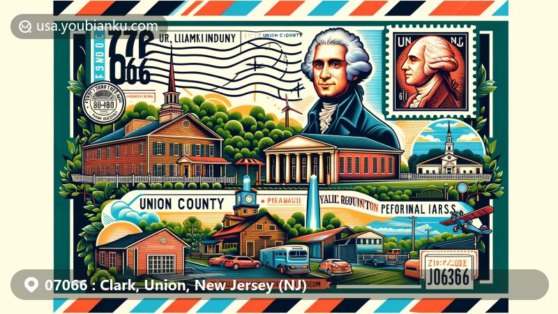 Modern illustration of Clark, Union County, New Jersey, capturing historic landmarks like Dr. William Robinson Plantation House Museum, Union County Performing Arts Center, and Abraham Clark Memorial House, creatively intertwined with postal elements featuring ZIP code 07066.