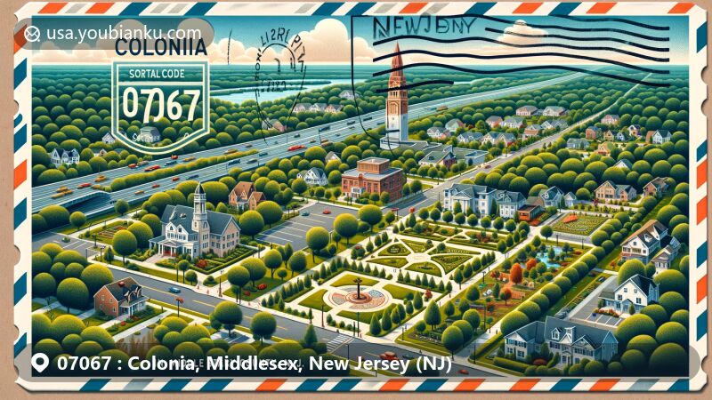 Modern illustration of Colonia, Middlesex County, New Jersey, featuring Merrill Park and Garden State Parkway, showcasing suburban living and community diversity, with postal theme including ZIP code 07067 and New Jersey state symbols.