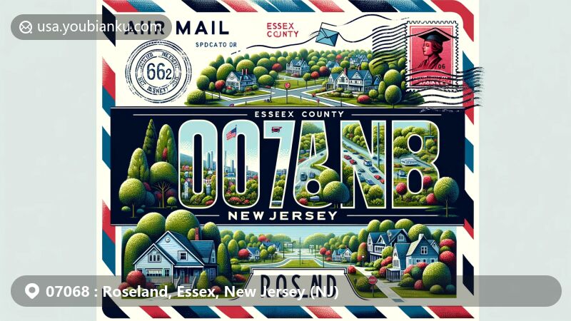 Creative modern illustration of Roseland, NJ postal theme with ZIP code 07068, showcasing suburban scenery, educational symbols, Essex County map, and New Jersey state flag.