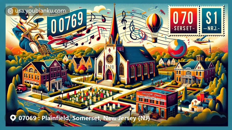 Modern illustration of Plainfield, Somerset, New Jersey, featuring iconic landmarks like Crescent Avenue Presbyterian Church and Sleepy Hollow Cemetery, with jazz music elements and duCret School of Art in the background.