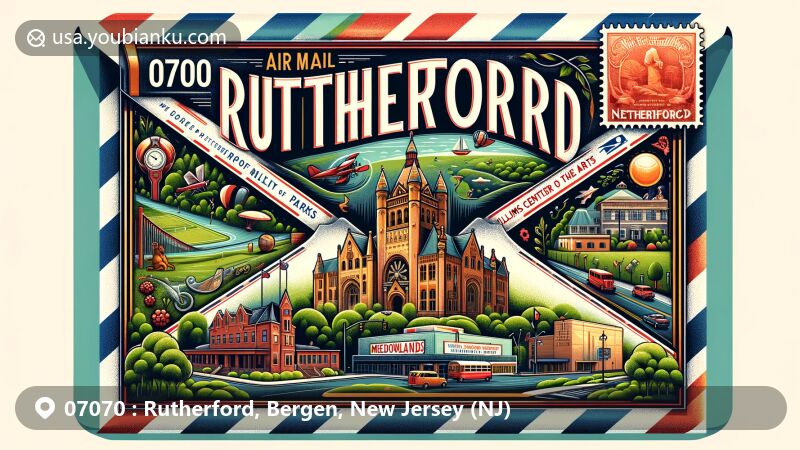Modern illustration of Rutherford, Bergen County, New Jersey, showcasing Rutherford Memorial Park, Iviswold Castle, Williams Center for the Arts, and Meadowlands Museum, with lush greenery background and New Jersey state flag stamp.