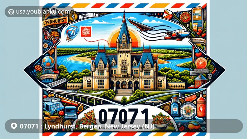 Modern illustration of Lyndhurst, Bergen County, New Jersey, showcasing postal theme with ZIP code 07071, featuring Lyndhurst Castle, diverse culinary symbols, Meadowlands Sports Complex, Passaic River scenery, and historical stamp of Lyndhurst Historical Society Museum.
