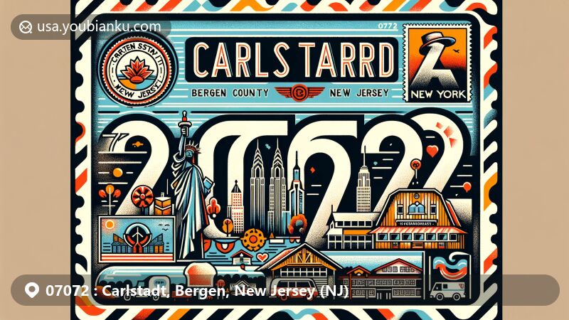 Modern illustration of Carlstadt, Bergen County, New Jersey, showcasing postal theme with ZIP code 07072, featuring German heritage and proximity to New York City.