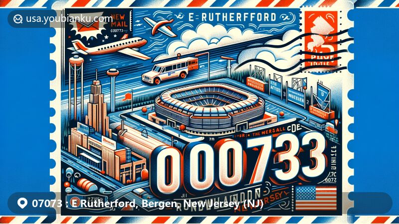 Artistic rendition of E Rutherford, Bergen County, New Jersey, showcasing ZIP code 07073, featuring MetLife Stadium, American Dream Meadowlands, and stylized New Jersey state flag.