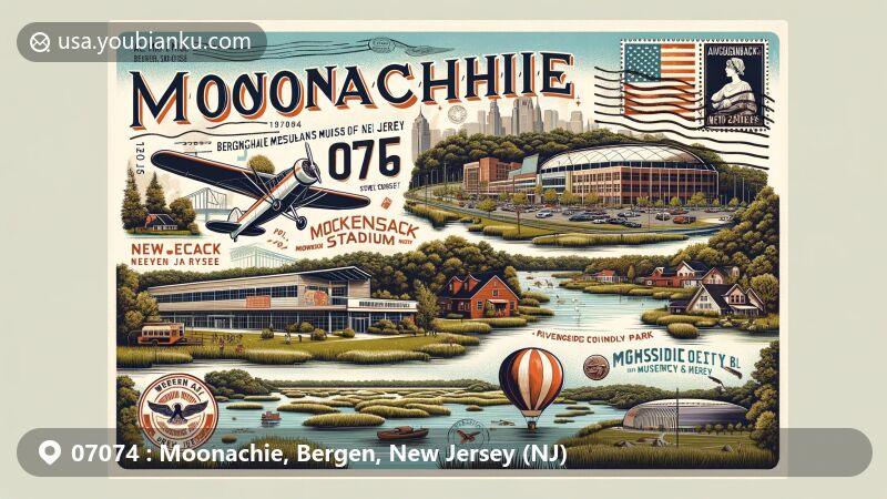 Modern illustration of Moonachie, Bergen County, New Jersey, showcasing postal theme with ZIP code 07074, featuring Moonachie Museum, Hackensack Meadowlands, MetLife Stadium, Aviation Hall of Fame, Riverside County Park, and Hackensack River.