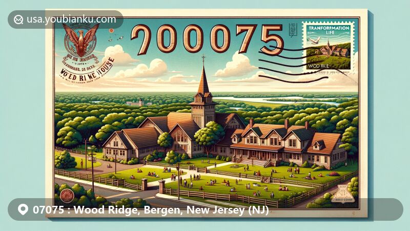 Modern illustration of Wood Ridge, Bergen County, New Jersey, highlighting postal theme with ZIP code 07075, featuring Arnault/Bianchi House and Transformation Life Church against a scenic Meadowlands backdrop.