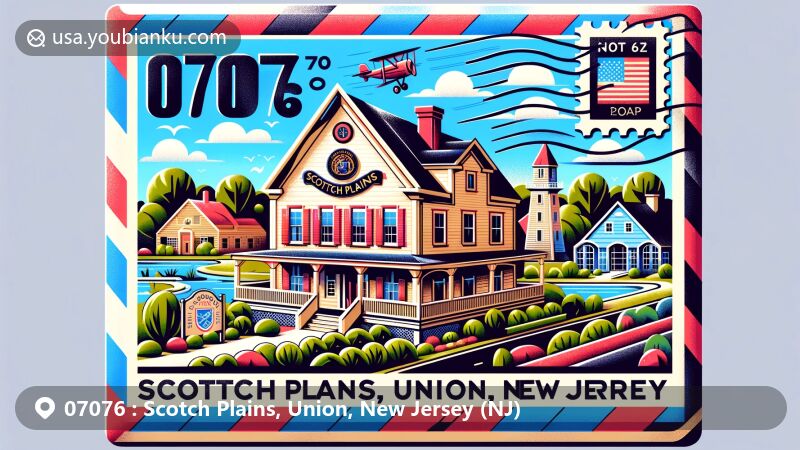 Vintage-inspired illustration of Scotch Plains, Union County, New Jersey, capturing postal theme with ZIP code 07076, featuring Osborn-Cannonball House, Stage House Inn, suburban houses, and lush greenery.