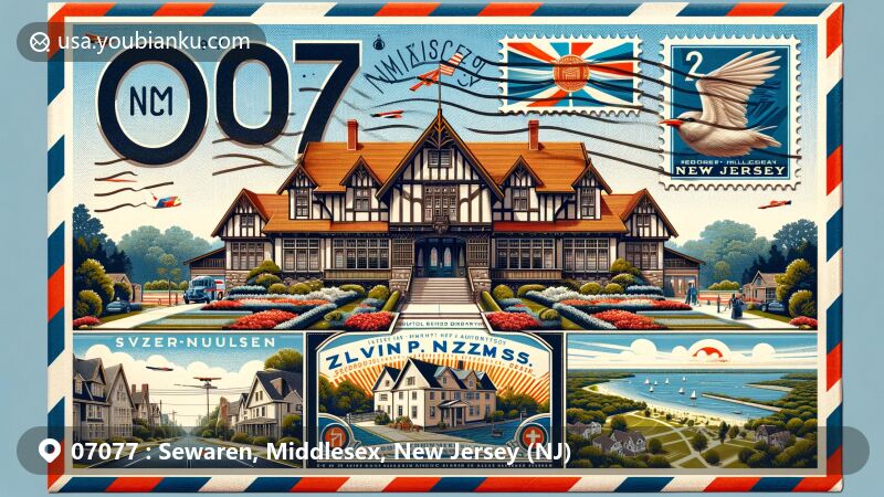 Artistic illustration of Sewaren, Middlesex County, New Jersey, showcasing postal theme with key landmarks and cultural elements, including Cooper-Neuberg House and Alvin P. Williams Memorial Park.