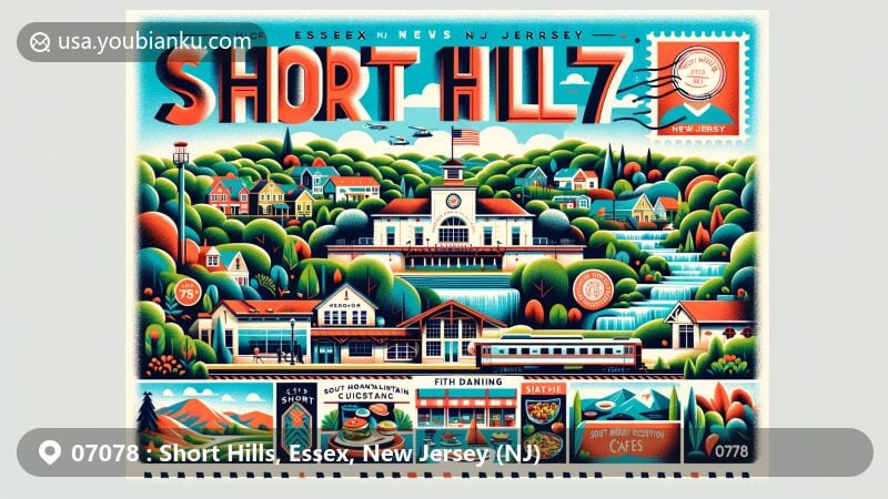 Modern illustration of Short Hills, Essex County, New Jersey, showcasing postal theme with ZIP code 07078, featuring Short Hills railroad station, lush greenery, hiking paths, waterfalls, and rich culinary scene.