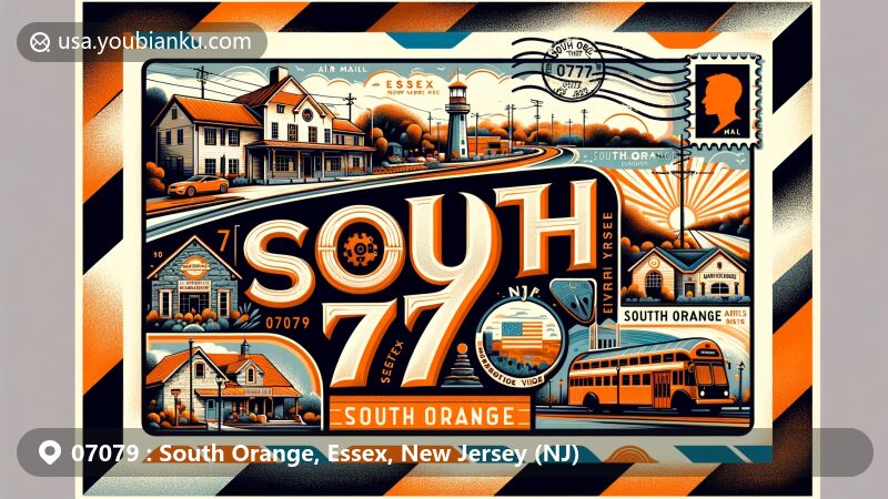 Vintage-style illustration of South Orange, Essex, New Jersey, showcasing ZIP code 07079 with iconic air mail envelope, highlighting South Orange Performing Arts Center, historic Stone House, warm color tones, and classic postal elements.