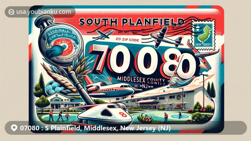 Vintage illustration of South Plainfield, Middlesex County, New Jersey, showcasing postal theme with ZIP code 07080, featuring Plainfield Curling Club and green space, incorporating state outline and local landmarks.