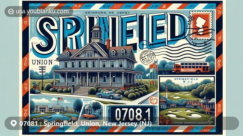 Modern illustration of Springfield, Union County, New Jersey, featuring historic Miller-Cory House, Baltusrol Golf Club, art galleries, and theaters, with bold design of ZIP code 07081 and postal motif.