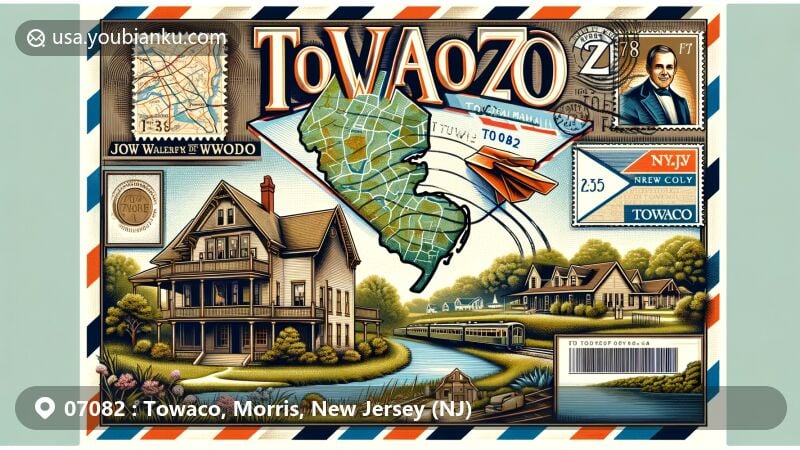 Modern illustration of Towaco, Morris County, New Jersey, featuring vintage air mail envelope with Henry Doremus House, local landmarks, and natural landscapes, highlighting postal communication and historical significance of the region.