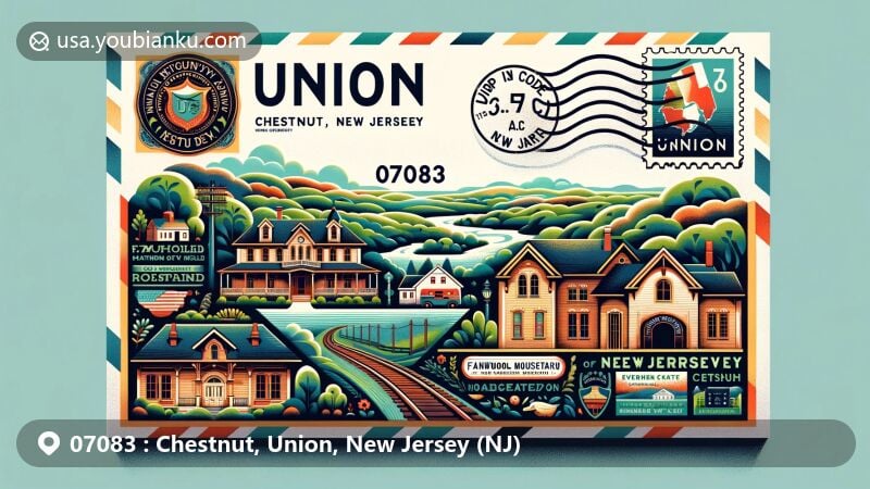 Modern illustration of Chestnut, Union, New Jersey, showcasing a postal-themed artwork with landmarks like Nathaniel Bonnell Homestead & Belcher-Ogden Mansion, Fanwood Train Station Museum, Evergreen Cemetery, and Drake House Museum, featuring New Jersey's scenic landscapes and state symbols.