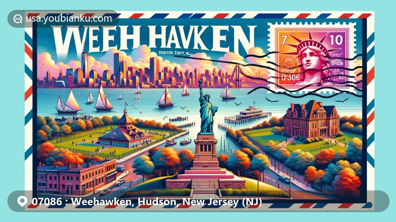 Vibrant illustration of Weehawken, Hudson County, New Jersey, capturing iconic landmarks like Weehawken Dueling Grounds and Waterfront Park, along with Weehawken Public Library and Statue of Liberty stamp.