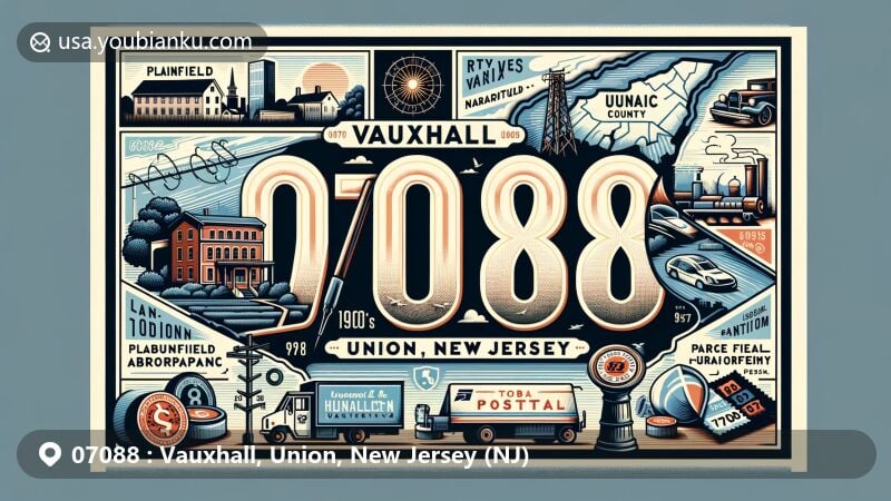 Modern illustration of Vauxhall, Union, New Jersey, showcasing postal theme with ZIP code 07088, featuring Union County map and local attractions like Reeves-Reed Arboretum.