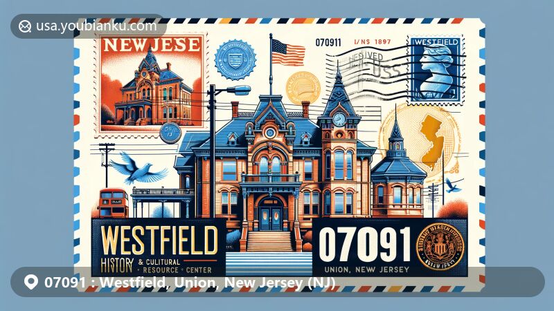Modern illustration of Reeve History & Cultural Resource Center in Westfield, Union County, New Jersey, featuring vintage postal elements with ZIP code 07091 and state flag.