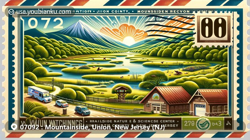 Modern illustration of Mountainside, Union County, New Jersey, showcasing scenic Watchung Reservation and Trailside Nature Center, with postal theme highlighting ZIP code 07092.