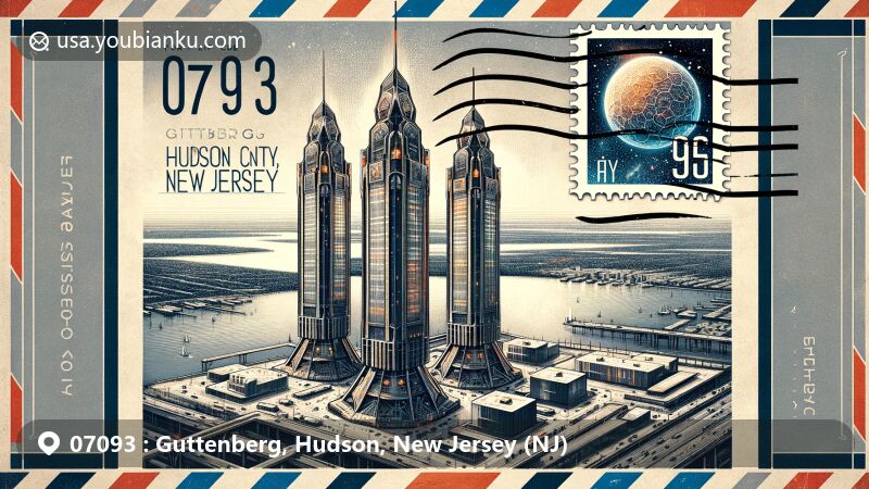 Modern illustration of Guttenberg, Hudson, New Jersey, reflecting postal theme inspired by airmail envelopes, focusing on Galaxy Towers, distinctive skyscrapers in Guttenberg skyline, with Hudson River and Manhattan skyline in the background, highlighting ZIP code 07093 and urban layout.