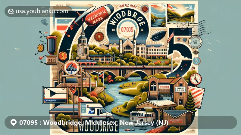 Modern illustration of Woodbridge, Middlesex County, New Jersey, highlighting key landmarks and cultural icons, such as William Warren Park, Woodbridge Center, Barron Arts Center, Heard's Brook, and Merrill Park Zoo, integrated with postal theme representing ZIP code 07095.