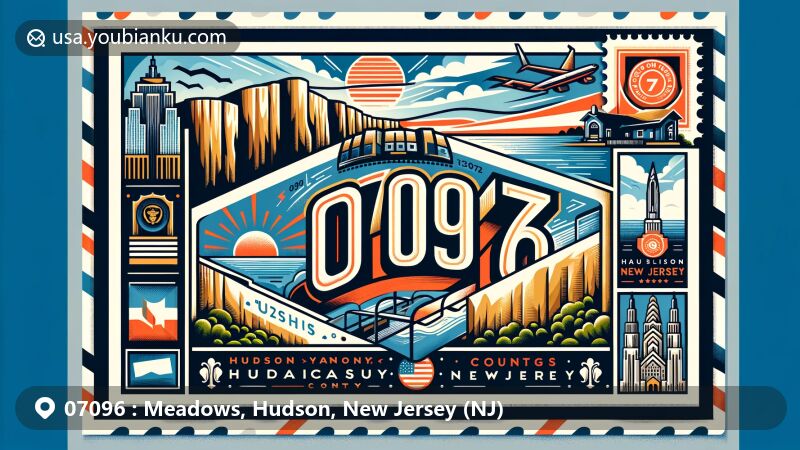 Modern illustration of Secaucus, Hudson County, New Jersey, featuring postal theme with ZIP code 07096, showcasing iconic Palisades cliffs and state symbols.