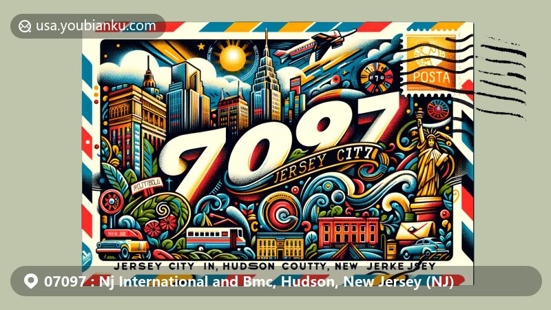 Modern digital illustration of Jersey City, Hudson County, New Jersey, emphasizing postal theme with ZIP code 07097, featuring iconic landmarks and cultural symbols, including stamps, postmark, and airmail envelope.