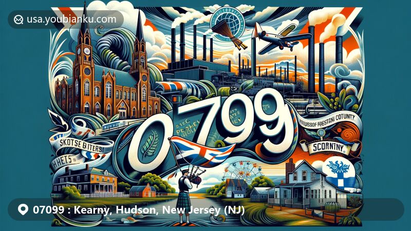Stylized illustration of Kearny, Hudson County, New Jersey, capturing postal theme with ZIP code 07099, featuring industrial heritage, Scotch Presbyterian Church, Kearny Cottage, and elements of Scottish culture.
