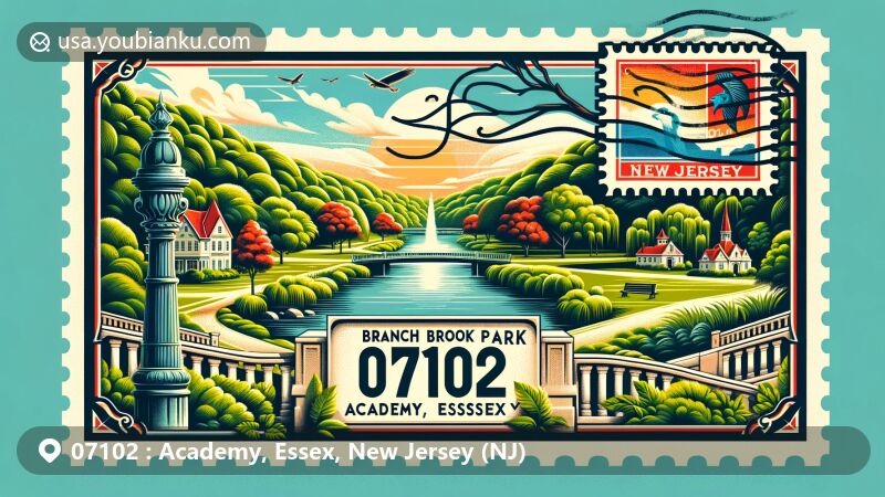 Modern illustration of Branch Brook Park in Academy, Essex, New Jersey, highlighting postal theme with ZIP code 07102, featuring lush greenery and picturesque landscapes.
