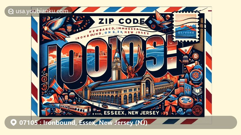 Modern illustration of Ironbound, Essex County, New Jersey, mimicking an airmail envelope design with bold ZIP code 07105 and iconic Newark Penn Station depiction, celebrating the area's cultural diversity and heritage.