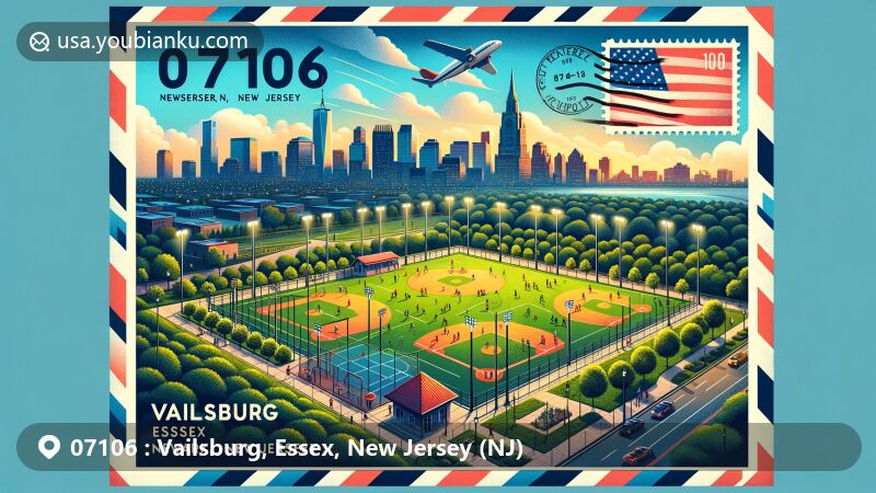 Modern illustration of Vailsburg, Newark, New Jersey, depicting Vailsburg Park with Olmsted design, athletic fields, and city skyline, featuring ZIP code 07106 and Newark symbols.