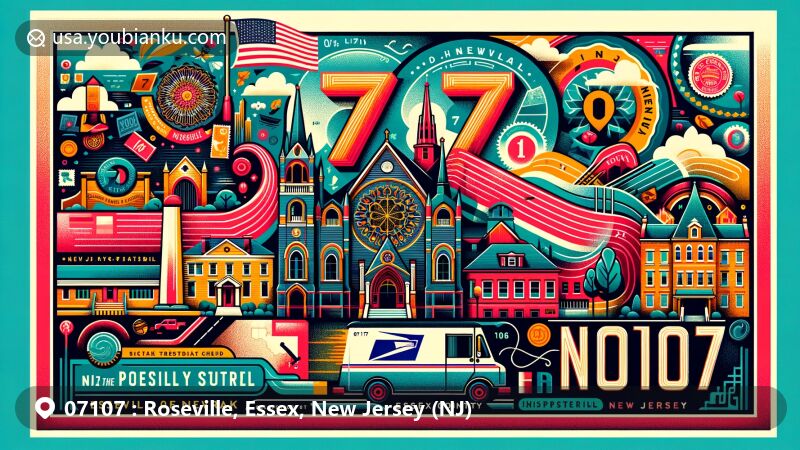 Vibrant illustration of Roseville, Essex County, New Jersey, depicting a postcard design with postal elements like stamps, postal trucks, and mailboxes. Focus on landmarks and cultural symbols including St. Rose Lima Church, Newark School Stadium, and historic Roseville Presbyterian Church.