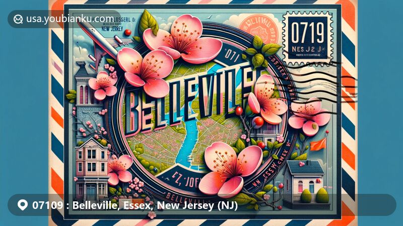 Modern illustration of Belleville, Essex County, New Jersey, featuring iconic cherry blossoms symbolizing the Cherry Blossom Capital of America, showcasing postal theme with ZIP code 07109 and New Jersey state flag elements.