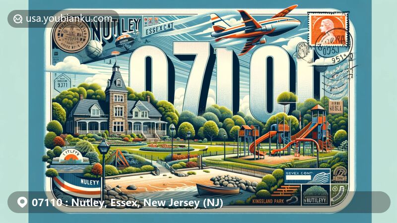 Modern postal-themed collage of Nutley, Essex County, New Jersey, showcasing Kingsland Park with lush greenery, playground, and waterfall, alongside historic Kingsland Manor and vintage postal elements.