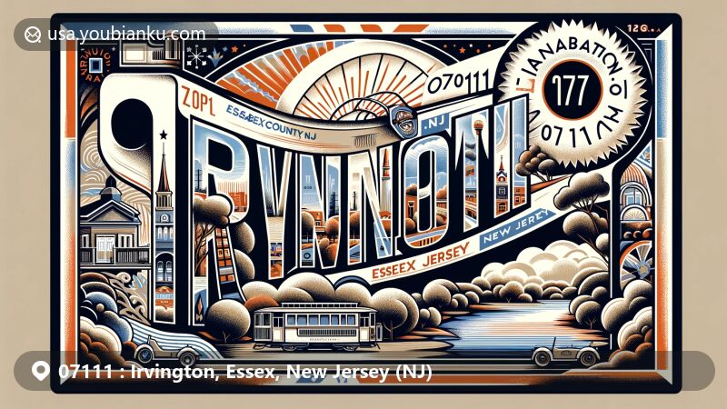 Modern illustration of Irvington, Essex County, New Jersey, showcasing postal theme with ZIP code 07111, featuring iconic landmarks like the Elizabeth River, Irvington Park, and historical elements such as old trolley or vintage postcard feel.
