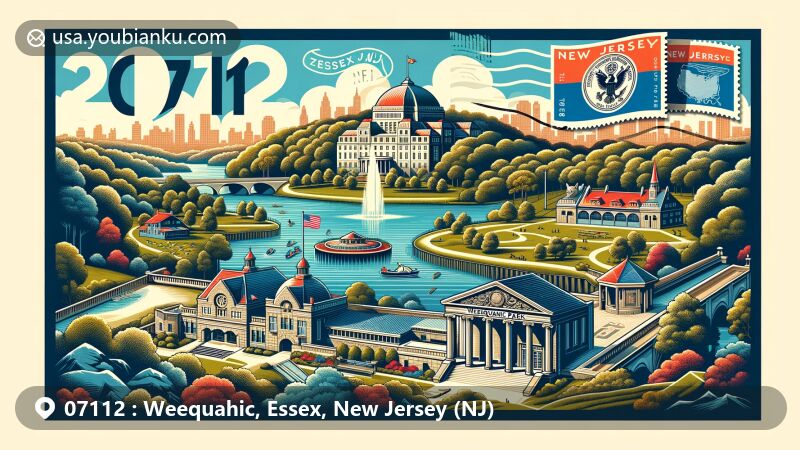 Modern illustration of Weequahic, Essex, New Jersey, showcasing postal theme with ZIP code 07112, featuring Weequahic Park and iconic architectural landmarks like Divident Hill Pavilion and Weequahic High School.