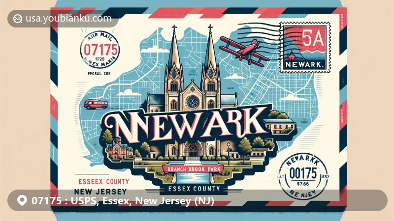 Modern illustration of Newark, Essex County, New Jersey, showcasing postal theme with ZIP code 07175, featuring Branch Brook Park and the Cathedral of the Sacred Heart.