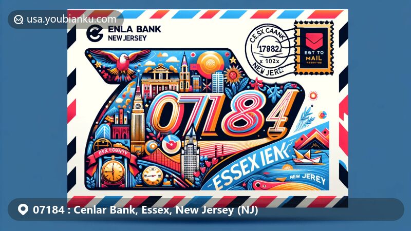 Modern illustration of Cenlar Bank, Essex, New Jersey, featuring postal theme with ZIP code 07184, showcasing iconic landmarks and cultural symbols of Essex County and New Jersey.